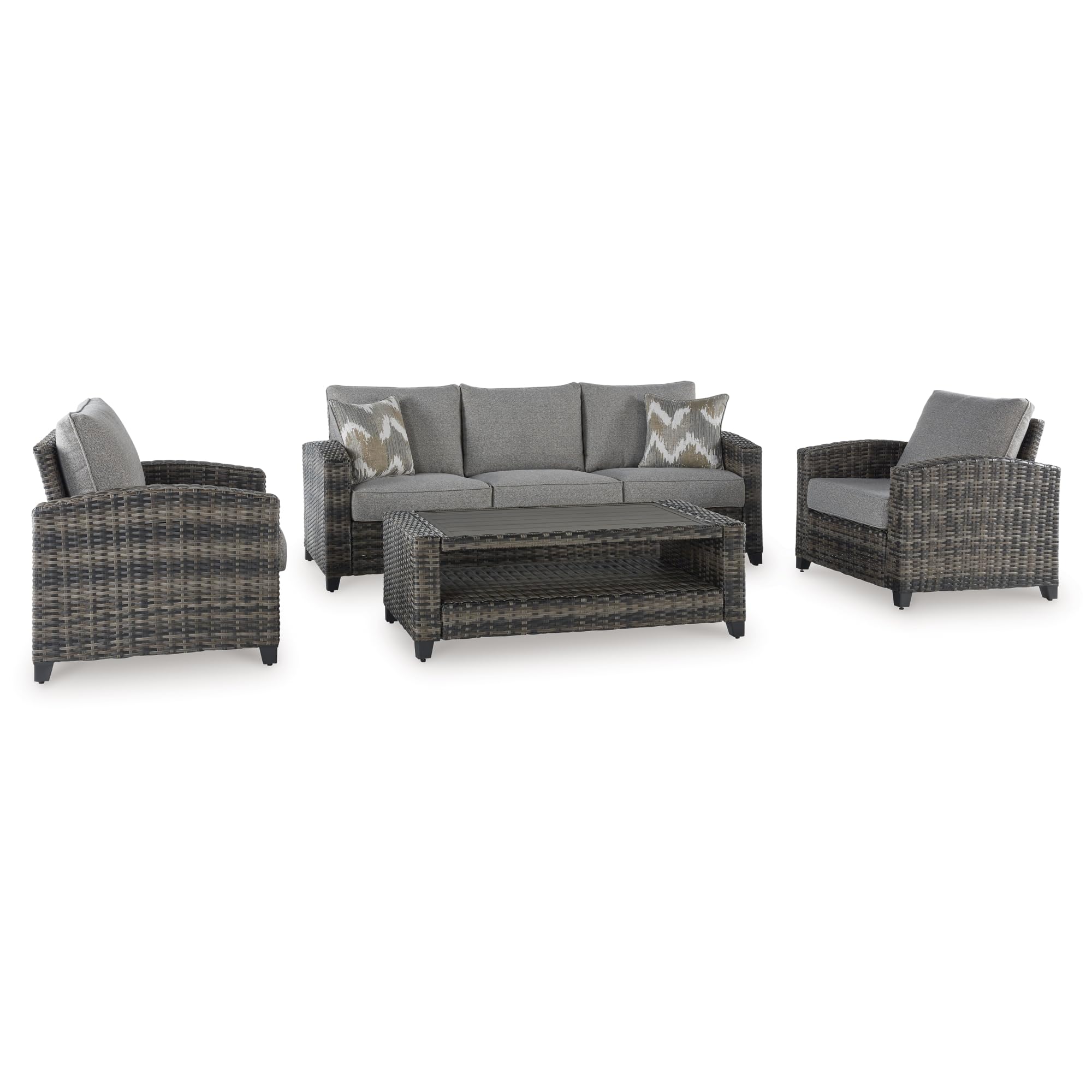 Photo 1 of ***FINAL SALE*** Signature Design by Ashley Oasis Court Casual Weather Resistant Cushioned Outdoor Sofa/Chairs/Table Set with 2 Throw Pillows, Set of 4,Nuvella Weather Resistant Fabric, Gray