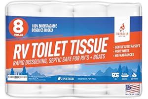 RV Toilet Paper, Septic Tank Safe-MADE IN THE USA- 8 Rolls,2-Ply 500 Sheets - Fast Dissolve Bath Tissue for Camping, Marine, RV Holding Tanks, Biodegradable - Firebelly Outfitters