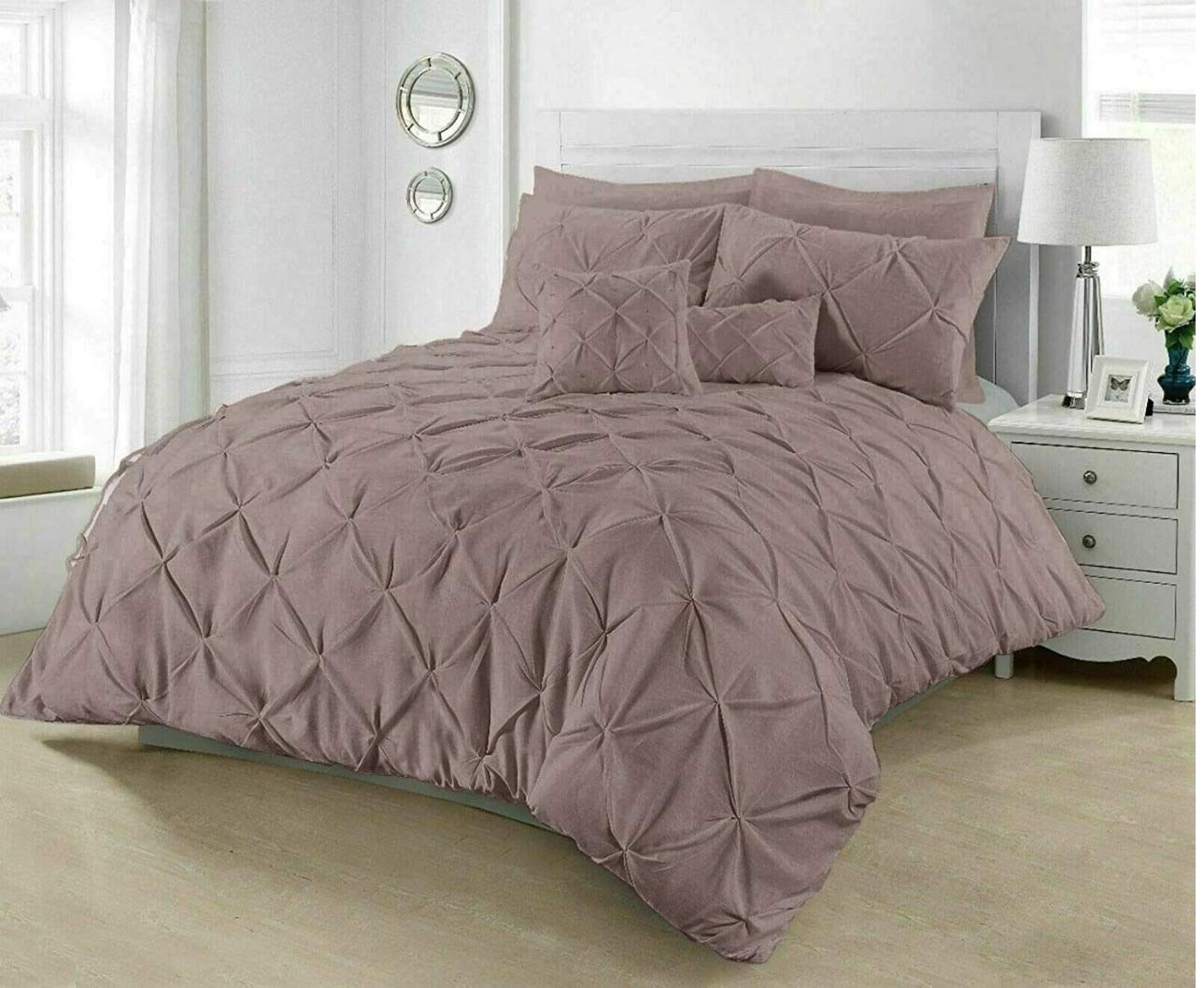 RAYYANLINEN 3PCs PINTUCK PLEATED DUVET COVER BEDDING SET WITH PILLOWCASES (Blush Pink, KING)