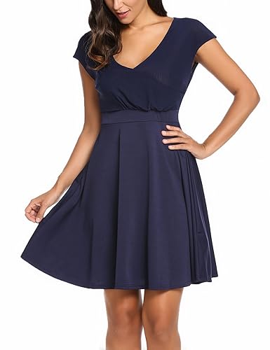 Zeagoo Damen V Ausschnitt Sommerkleider Wickelkleid Skaterkleid Kurzarm Stretch Casual Kleid A Linie Knielang