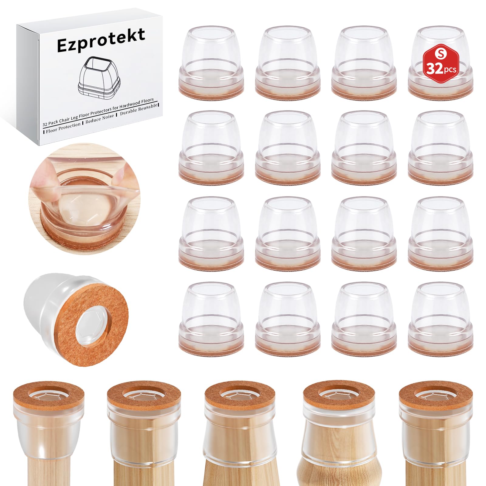 Ezprotekt Chair Leg Covers, 32 PCS 0.75" Transparent Silicone Chair Leg Floor Protectors with Wrapped Felt, Rubber Chair Leg Caps, Furniture Feet Protectors Pads, No Noise No Scratches