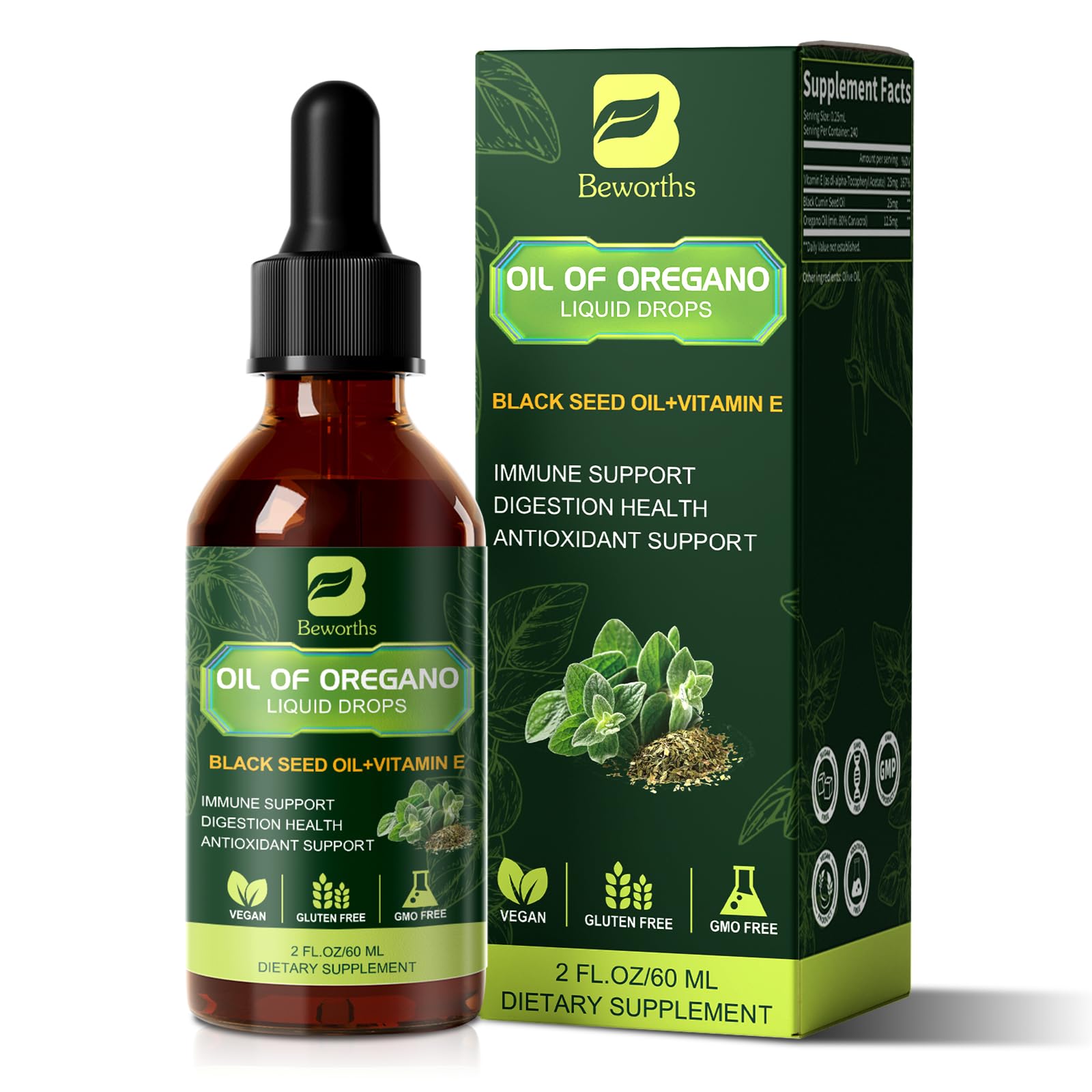 B BEWOTHS Oregano Oil Drops, Oil of Oregano with Black Seed Oil, Vitamin E, 80% Carvacrol & Thymoquinone Oregano Liquid Herbal Blend for Immune, Antioxidant, Digestive Gut Cleanser Support - Vegan
