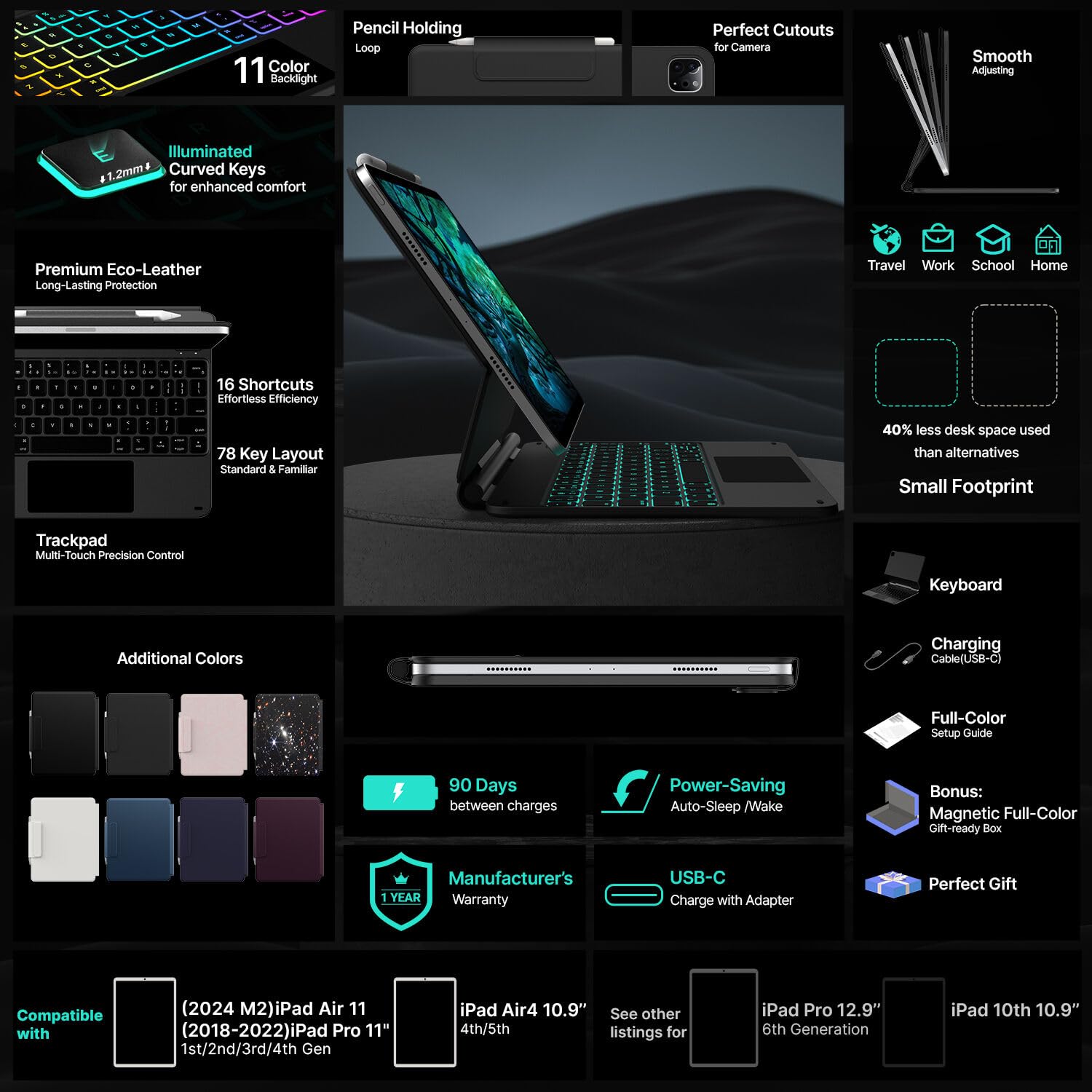 typecase Edge Keyboard Case for iPad Air 11-inch (M3 2025 / M2 2024)& iPad Pro 11 inch (4th/3rd/2nd/1st Gen),Magic Keyboard for Air 5th/4th Gen,Multi-Touch Trackpad, 11 Colors Backlight,Black