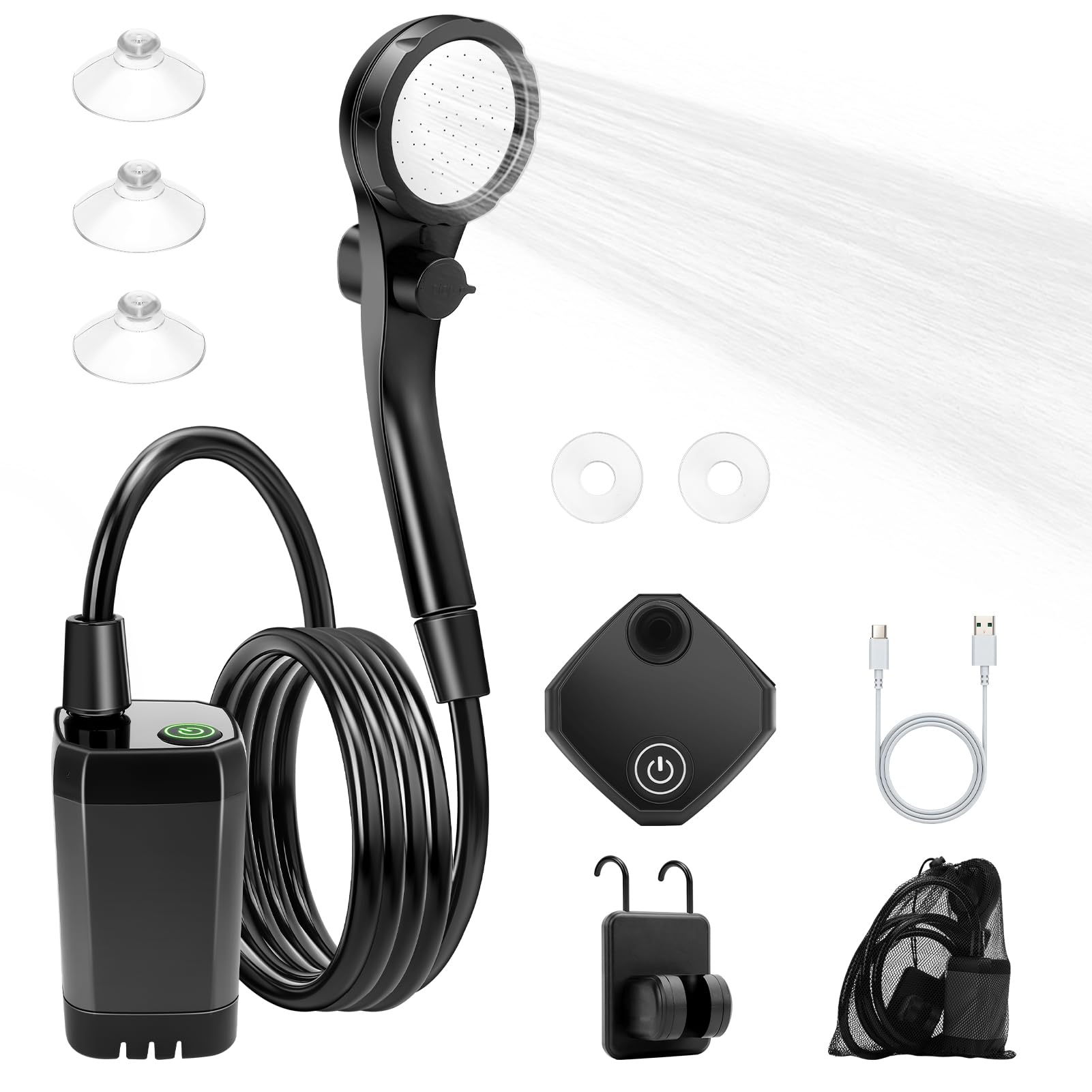 Photo 1 of Camping Shower Set Type C Rechargeable Adjustable Angle Stepless Water Output Control Intelligent Digital Display Portable Shower Pump for Outdoor (9000mAh)