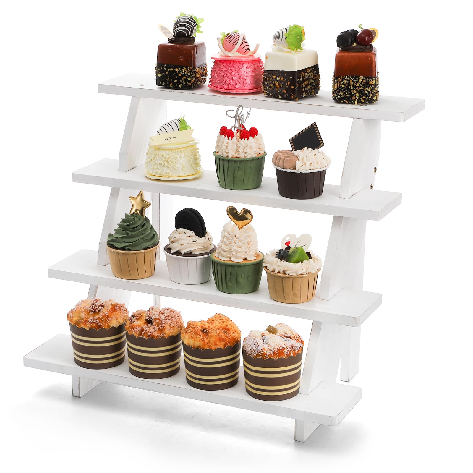 Hacaroa 4-Tier Wood Retail Stair Shelf Cupcake Stand, Whitewashed Rustic Display Riser, Farmhouse Ladder Planter Leaning Shelf for Home, Garden, and Retail Stores
