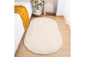 Goideal Fluffy Bedroom Rug, Small Oval Area Rugs, Cream Shag Bedside Carpet for Kids Room Nursery Dorm Cute Fuzzy Indoor Decor for Boy and Girl, 2.6 x 5.3 Feet