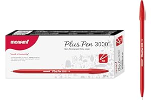MONAMI Plus Pen 3000 Felt Tip Pens, Fine Point (0.4mm), Fine Liner, Writing/Journaling/Note Taking at home, school and office, Red, 12-Count