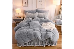 LIFEREVO Luxury Plush Shaggy Duvet Cover Set, Soft Velvet Fluffy Furry Duvet Cover Set(1 Faux Fur Fuzzy Comforter Cover + 2 Pom Poms Pillowcases) Solid Bedding Set, Zipper Closure(Full/Queen, Gray)
