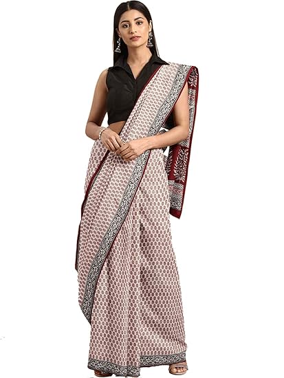 Pure Cotton Off White & Maroon Handblock printed Saree and Blouse MRBASA0001