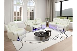 Dekmxas Power Reclining Sofa Sets, Living Room Furniture Sets, Breathing Leather Power Reclining Sofa, Loveseat, Chair with Cup Holders/Storage Console/LED Light for Living Room(Vanilla)