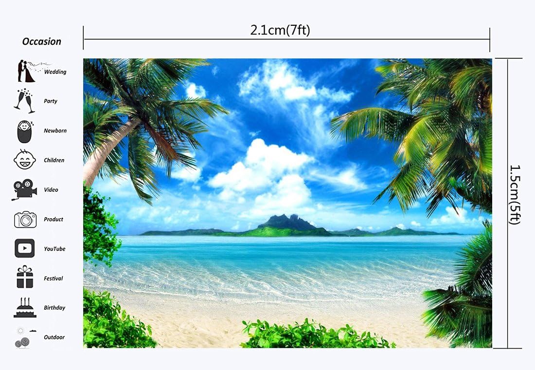 Haosphoto 7X5FT Tropical Beach Backdrop Island Coconut Palm Blue Sky White Cloud Nature Summer Journey Ocean Sailing Vinyl Photography Background Kids Adults Wedding Photo Studio Props RM112 - Image 3