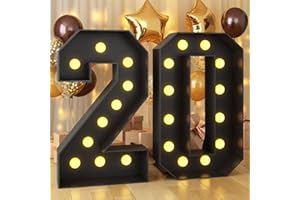 PAEYEQ 4FT Marquee Light up Numbers 20 Large Black Marquee Numbers for 20th Birthday Decorations Mosaic Numbers Frame Giant Cardboard Numbers with Light Bulbs Pre-Cut Cut-Out Foam Board DIY Anniversary Decor