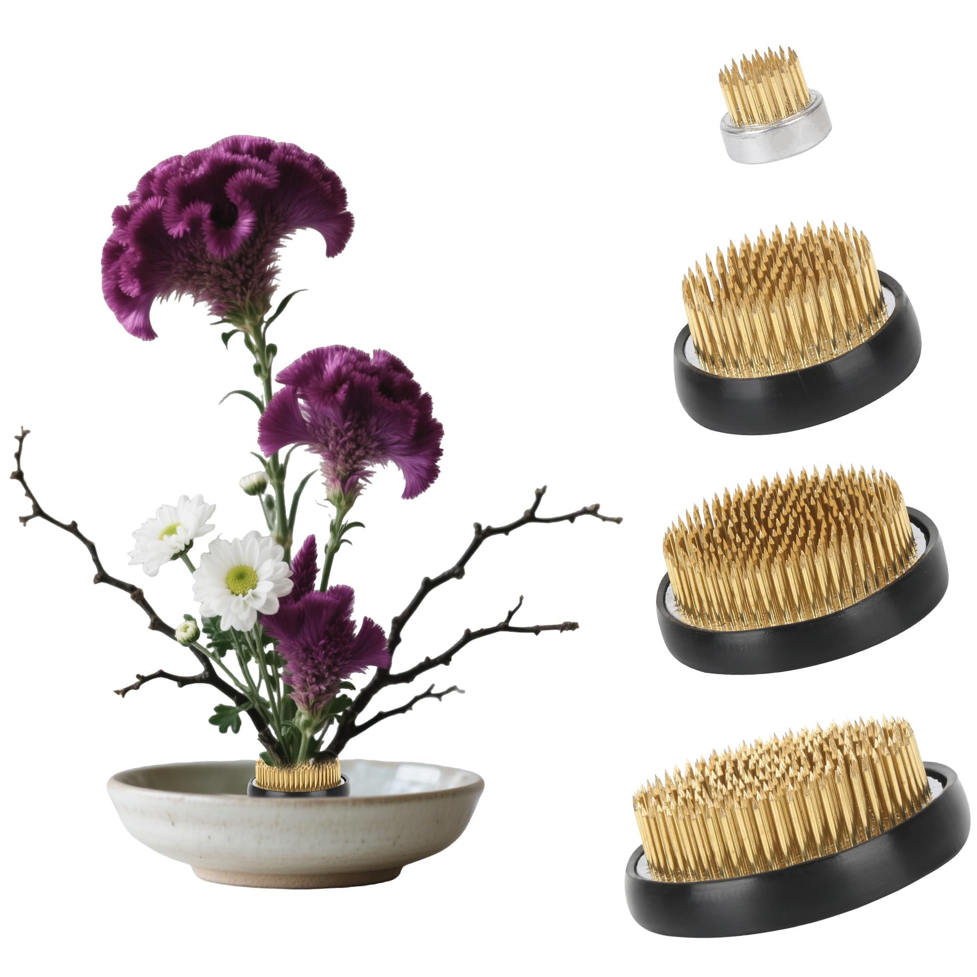Photo 1 of 4 Pcs Flower Frog Pin Holder 3 Inch?2 Inch,1 Inch,Set Ikebana Frog Floral Kenzan Arrangement Tool for Vases Centerpieces Round Holder (Gold)