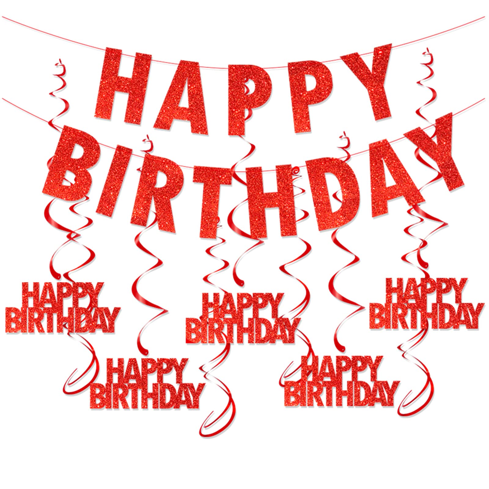 bng-bng Red Birthday Party Decorations Women Girls Adult Glittery Happy Birthday Bunting Banner and Hanging Swirls Streamers Anniversary Party Supplies