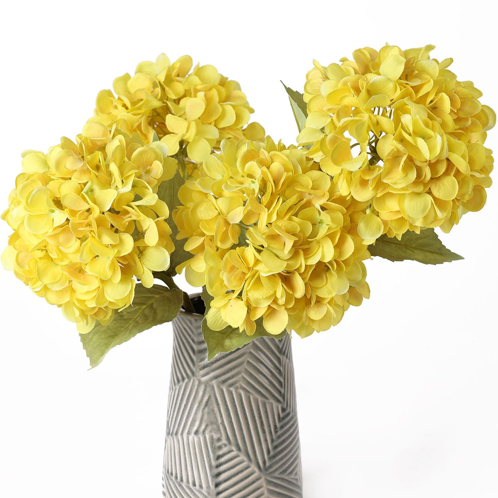 Photo 1 of mizii 4Pcs Yellow Artificial Hydrangea Flowers Large Fake Silk Hydrangea Flower with Leaves Stems Realistic Faux Hydrangeas Decorations for Wedding Table Centerpieces Vase Home Decor (Yellow)