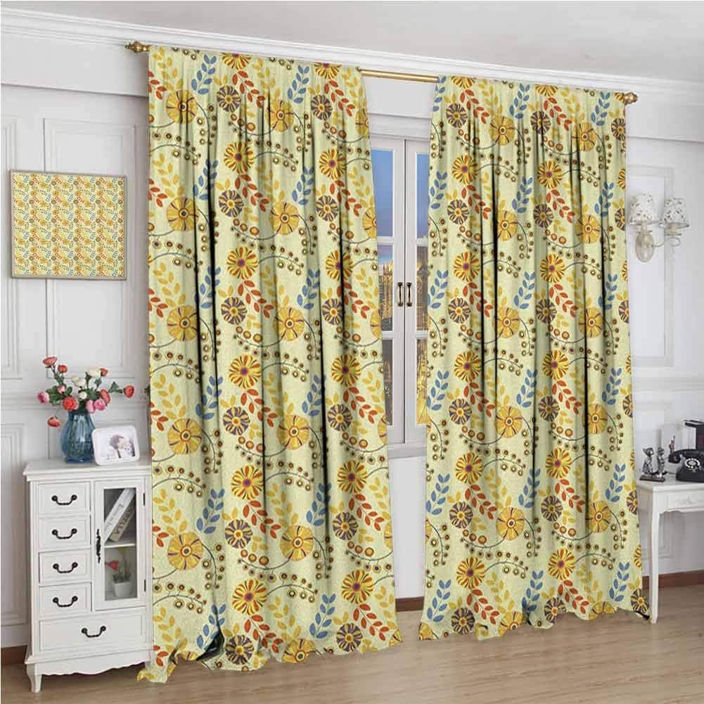 GUUVOR Yellow for Bedroom Blackout Curtains Old Fashioned Abstract Flowers Nostalgia Vintage Design Gardening Plants Foliage Blackout Curtains for The Living Room W108 x L96 Inch Multicolor