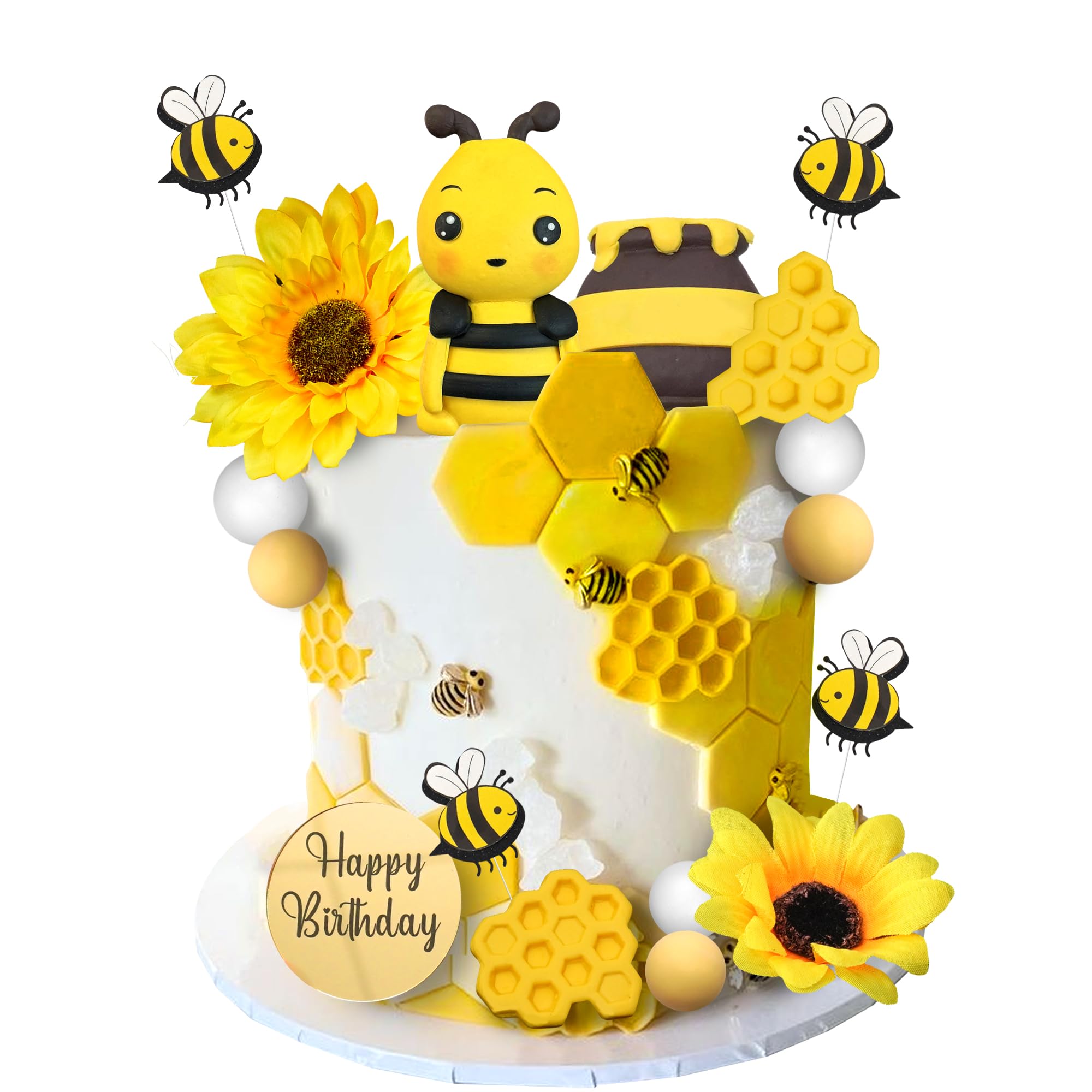 Photo 1 of 17 PCS Bee Cake Topper Happy bee day Cake Topper Honeycomb Sunflower Cake Decoration for Honeycomb Theme Birthday Party Supplies