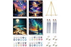VIGEGU 4 Pack Paint by Numbers Kit for Adults Beginner with Frame,Paint by Number with Wooden Easel DIY Starry Sky Beach Waterfall Landscape Adult Paint by Number Kits for Home Decor 7.8x11.8inch ﻿