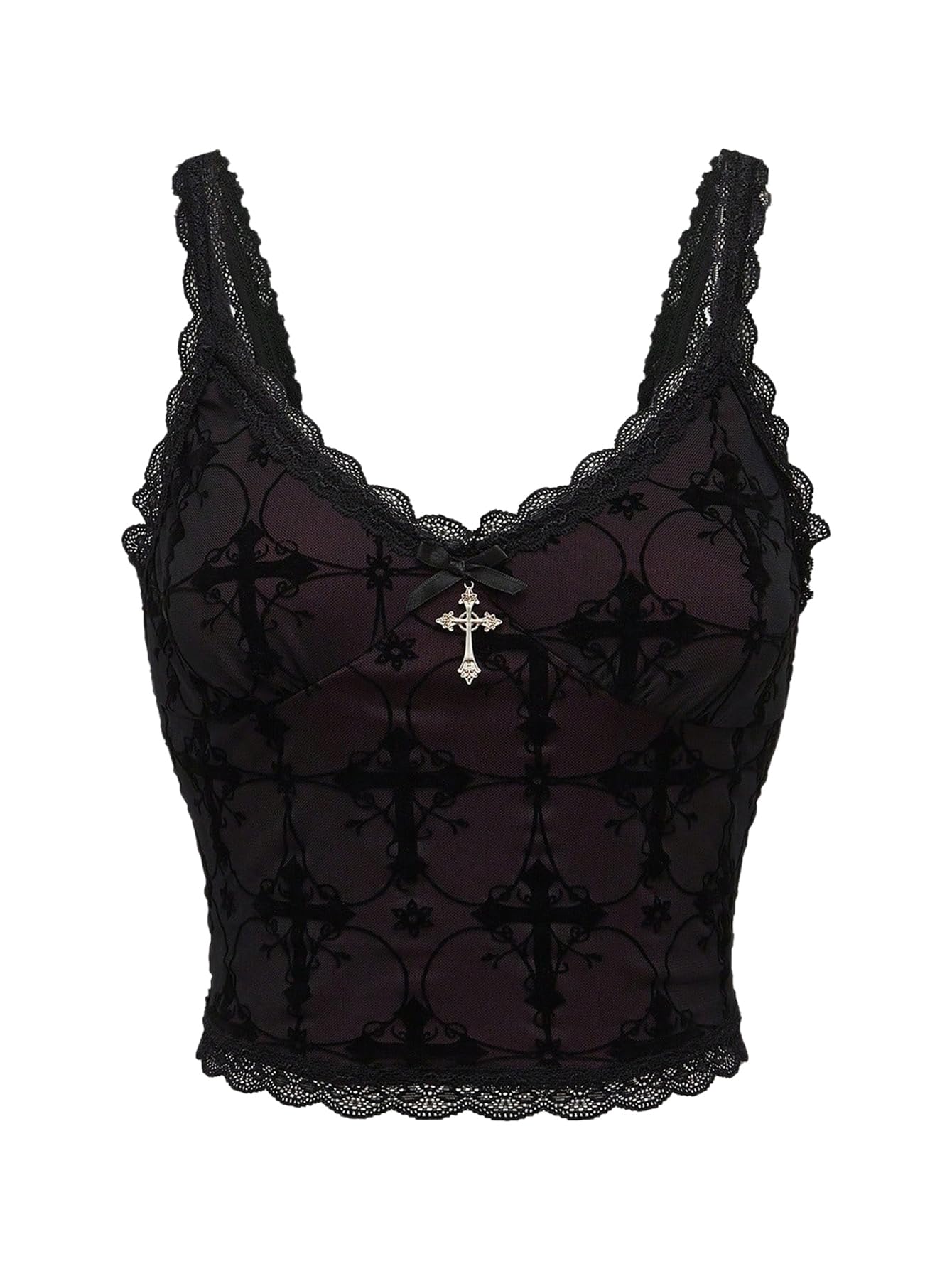 Photo 1 of Verdusa Women's Gothic Clothes Lace Goth Crop Tops Witchy Grunge Cami Emo Shirt Multicolor Small