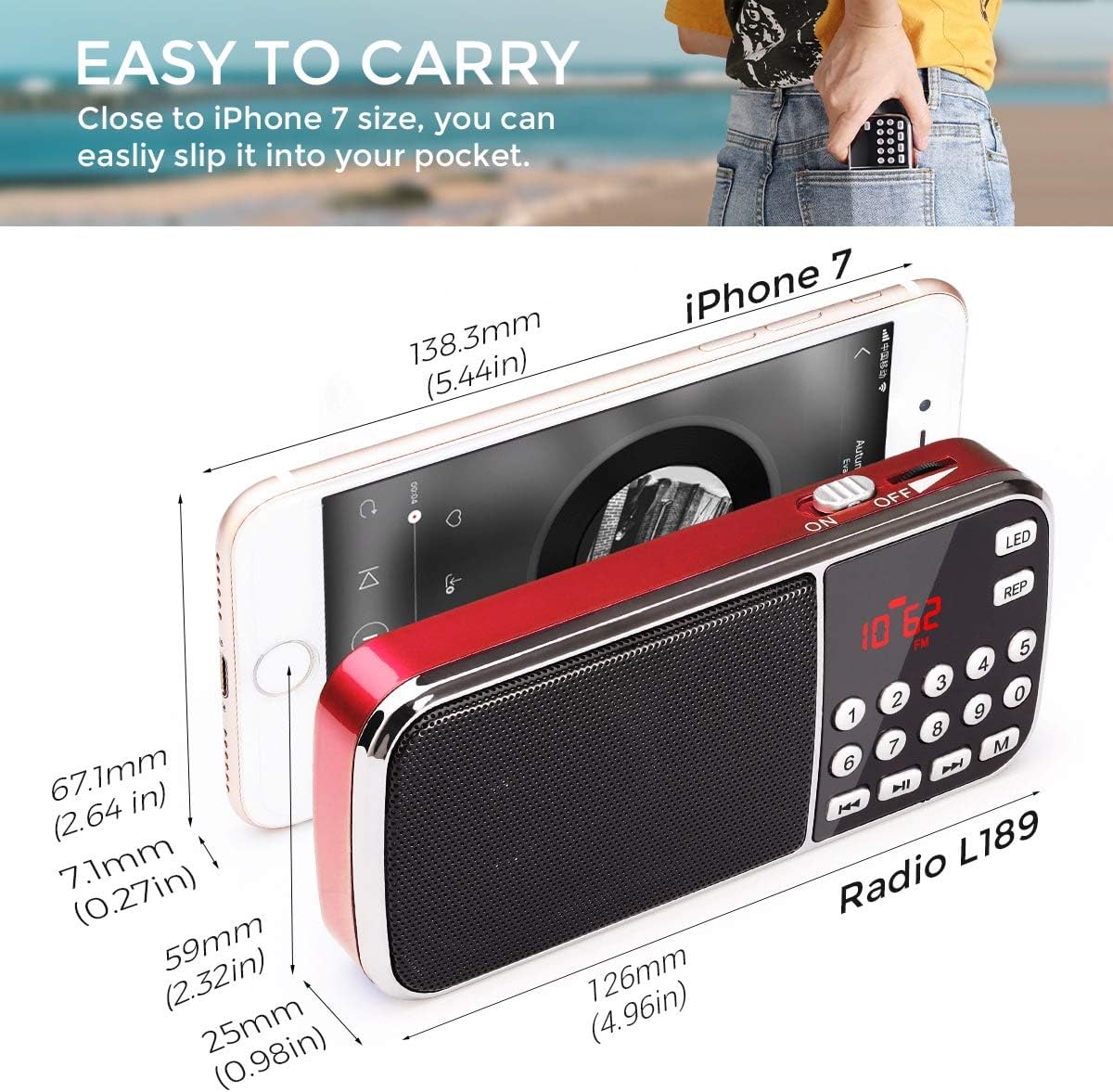 PRUNUS J-189 Small Portable Radio AM FM Bluetooth Radio - Dual Speakers Heavy Bass, LED Flashlight, Pocket Size, TF Card USB AUX MP3 Player, Rechargeable Battery Operated, by PRUNUS(Red): Home Audio & Theater