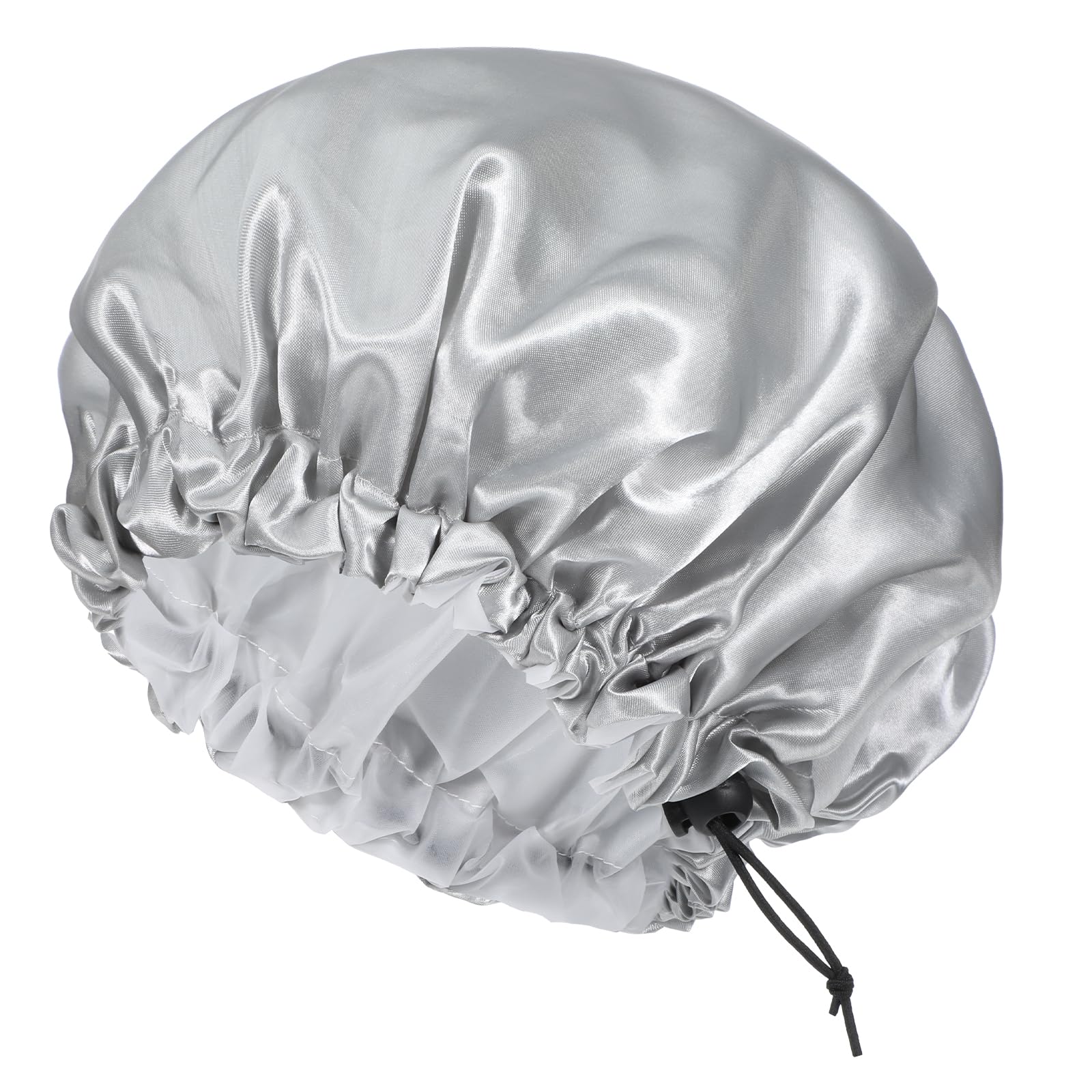 Double Layer Satin Bonnet for Men, Waterproof Bath Shower Cap Adjustable Drawstring Hair Bonnet Reusable Bathing Hair Cap for Men Curly Hair Braids, Silver