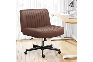 Darkecho Armless Office Desk Chair with Wheels,Thick Padded Leather Cross Legged Wide Chair with Pocket Spring Cushion,Comfortable Adjustable Computer Task Vanity Chair for Home Office,Bedroom,Brown