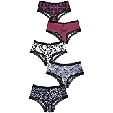 WDIRARA Women's 5 Pack Set Goth Graphic Print Mesh Sheer Lace Trim Mid Rise Underwear Briefs