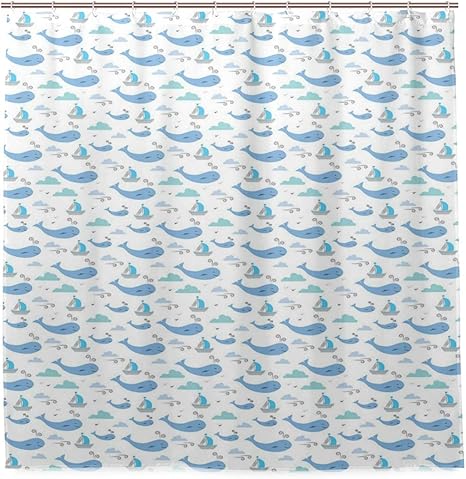 Amazon Kapanou防水 シャワーカーテン クジラの海洋生物のイラスト船雲と風のおとぎ話の幸福の淡い かわいいシャワーカーテン ユニットバス バスルーム 芸術の装飾 180cmx180cm バスフック付き 取り付け簡単 シャワーカーテン ホーム キッチン オンライン通販