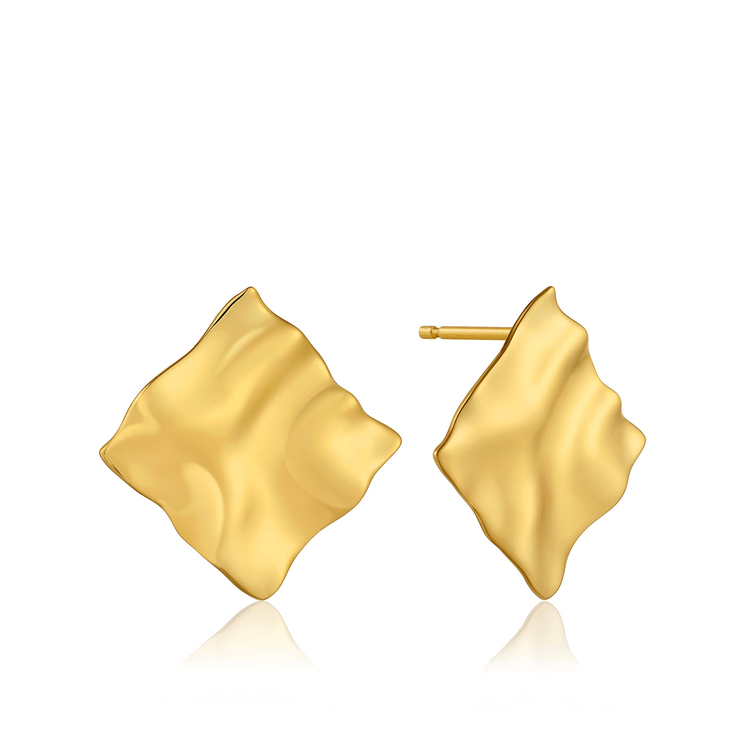 925 Sterling Silver Geometric Hammered Modern Square Stud Earrings for Women, 14k Yellow Gold Plated