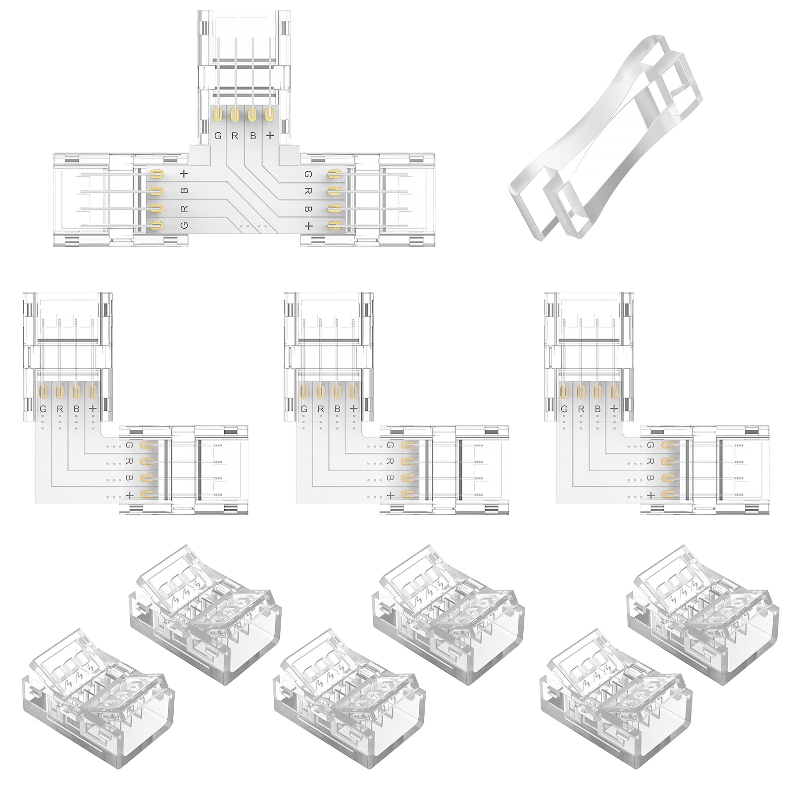 REDTRON 4 Pin Led Strip Connectors Kit, 10mm LED Light Adapter, 6X Gapless Connectors,3X L Shape Connectors,1x T Shape Connector for 5050/3528 Waterproof LED Strip(Upgraded)