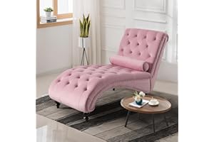 JEEOHEY Chaise Lounge Chair Indoor, Modern Button Tufted Velvet Upholstered Leisure Accent Chair with Solid Wood Legs & Lumbar Pillow, Recliner Sofa Single Sleeper Sofa for Living Room, Bedroom, Pink