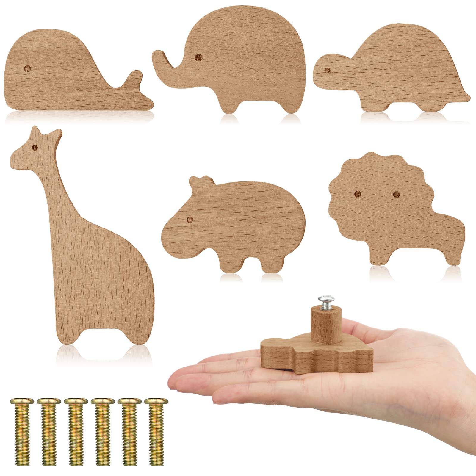 Qunclay Wooden Animal Cabinet Knobs - Decorative Dresser Pulls With Screws - Marine Woodland Zoo Animals Furniture Handles for Nursery Drawer Decor (6 Sets) — image 1