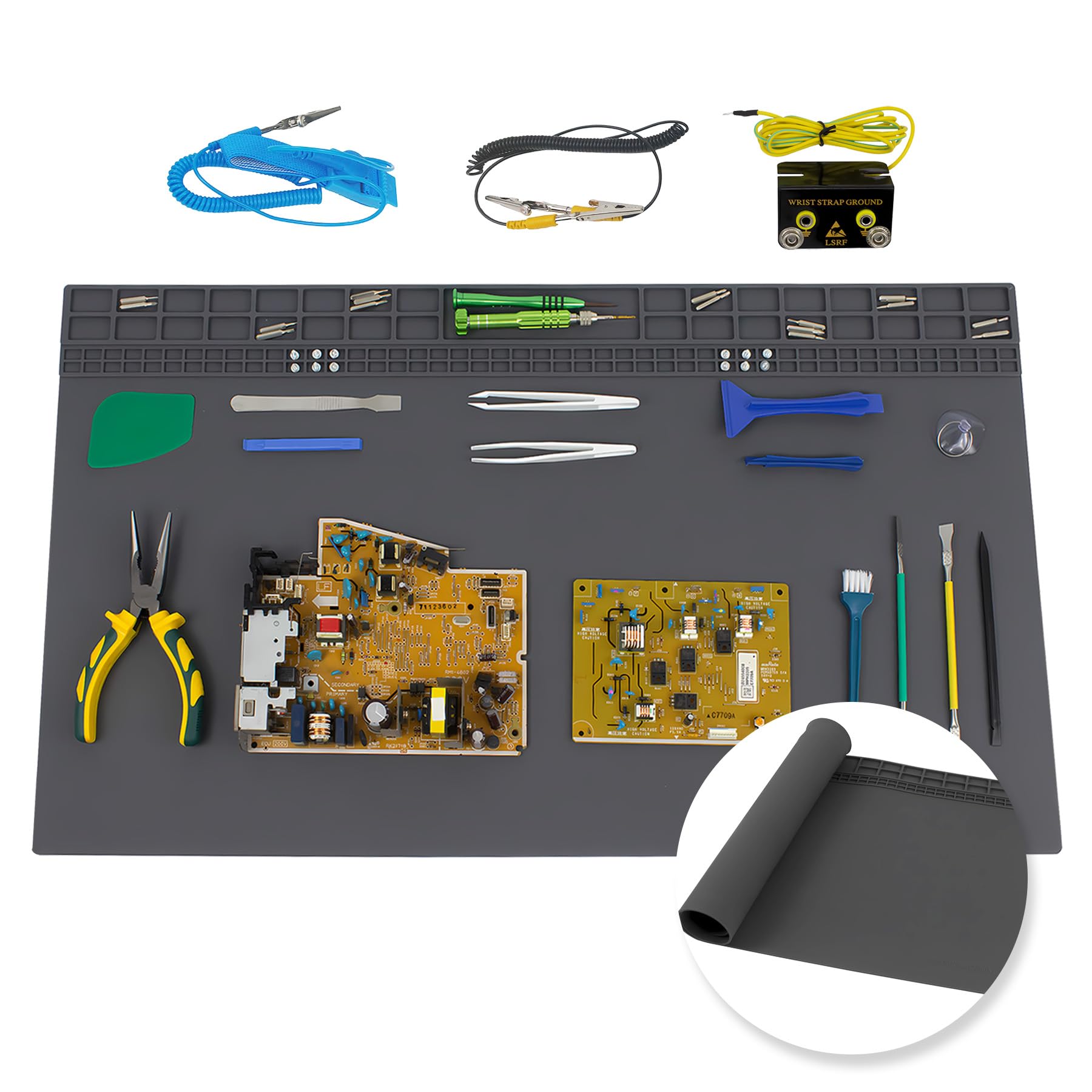 Photo 1 of 27.6'' x 15.7'' Extra Large Soldering Mat with ESD Wrist Strap & Grounding Accessories 932°F Heat Resistant Silicone Repair Mat Oversized Work Mat for Cellphone Laptop Repair (Grey)