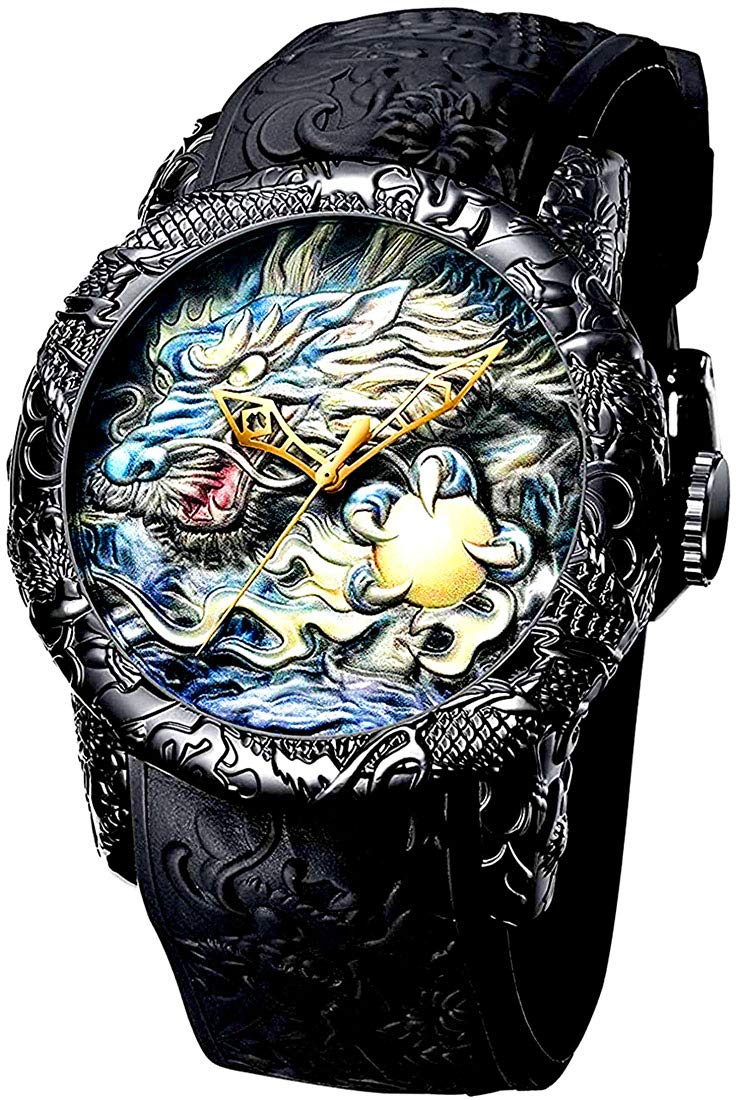 CARLIEN Men's Automatic Watch Fashion 3D Engraved Dragon Waterproof Big Dial Sport Watch 50mm Chinese