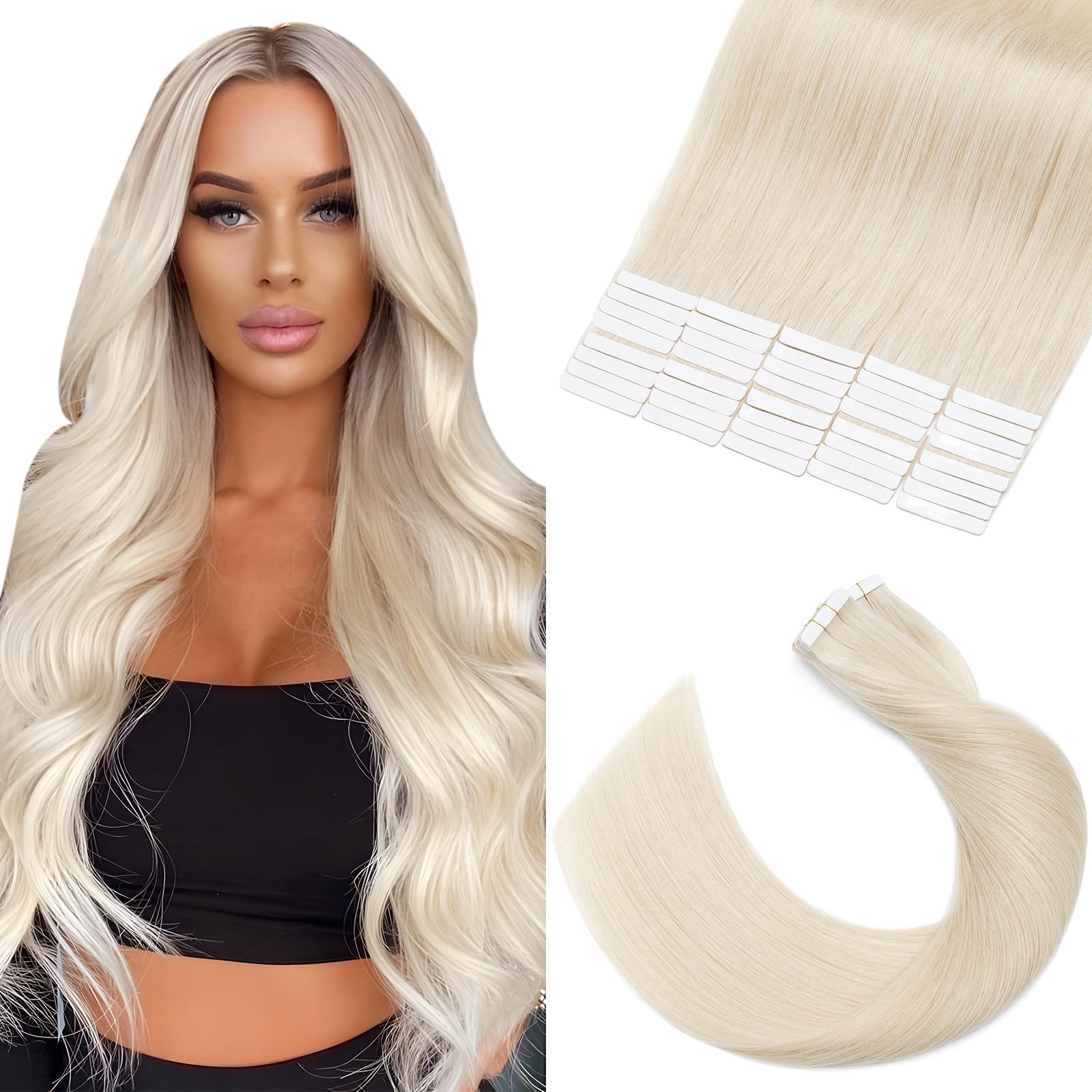 Elailite Tape in Hair Extensions Real Human Hair 40 Pcs Blonde - Seamless Skin Weft Remy Hair Extension Straight (#70 Bleach White, 18 Inch-100g) — image 1