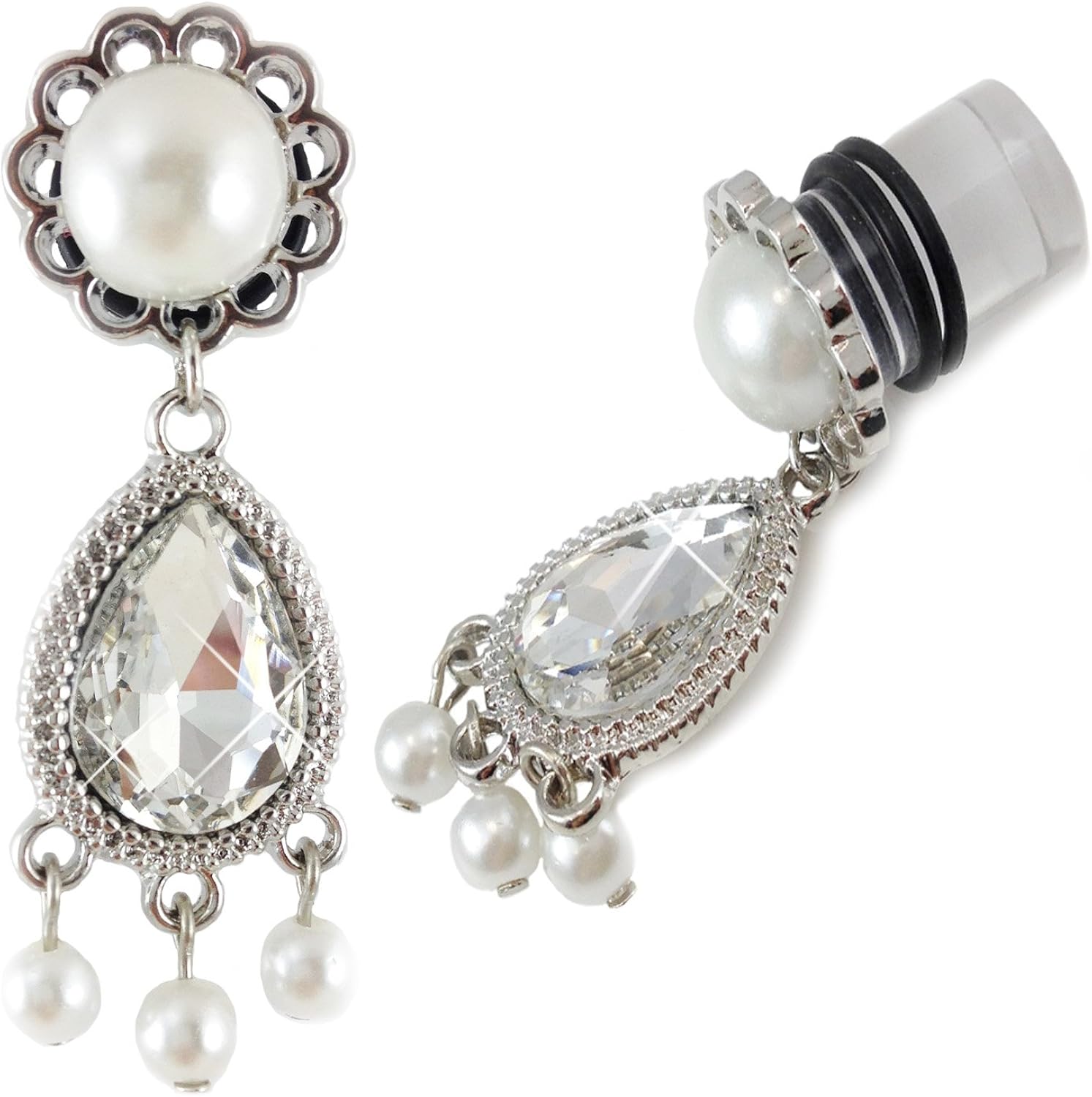 1/2" Pair of Stainless Steel CZ Dangle Ear Plugs Sparkles Brillantly Jewelry