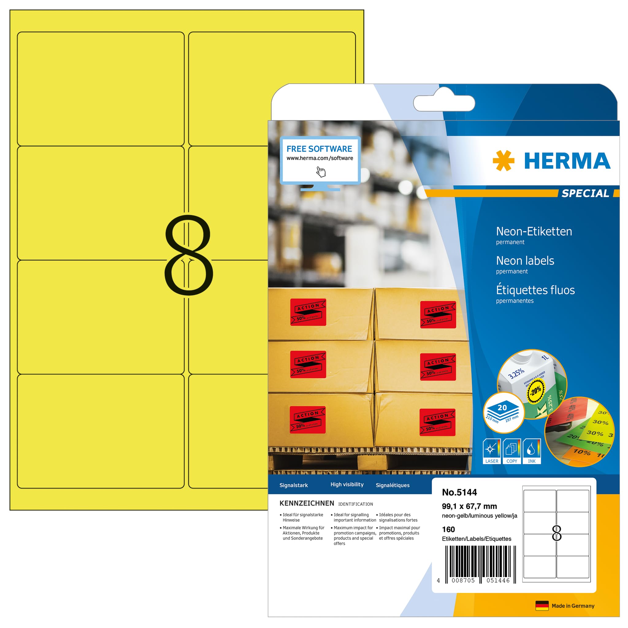 HERMA Self Adhesive Coloured Labels, 8 Labels per A4 Sheet, 20 Sheets, 99.1 x 67.7 mm, 160 Labels, Blank Colour Labels Stickers, Sticky Labels for Laser & Inkjet Printer, Neon Yellow