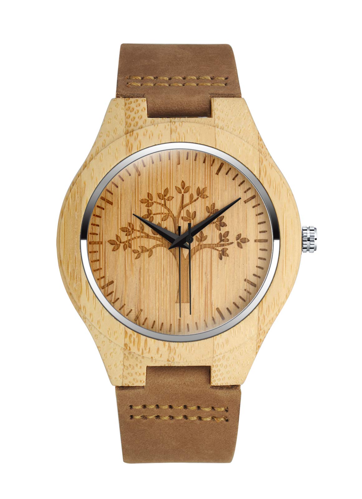 MicLee Men's Women's Wrist Watches, Women's Bamboo Wood Watch, Tree of Life Pattern Wooden Watch, with Leather Band, Natural Wood Quartz Watch, Decorative Casual Watch