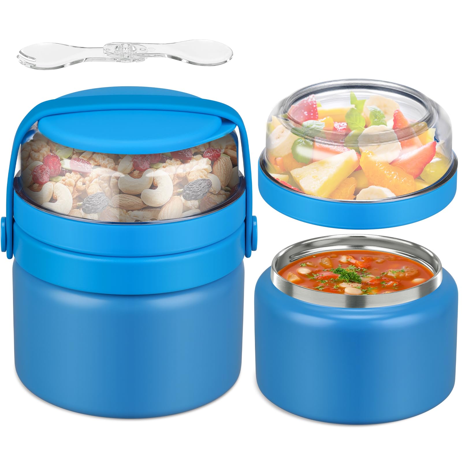 Photo 1 of JXXM 2 in 1 Double Insulated Food Jar 8oz Soup Thermo with Snack Container Kids Thermo for Hot Food Lunch Containers Wide Mouth Vacuum Stainless Steel Leak Proof for School Travel(Blue)