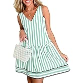 Acelitt Womens Summer Sleeveless Striped Dresses Casual Loose V Neck Flowy Ruffle Babydoll Dress Beach Vacation Sundress