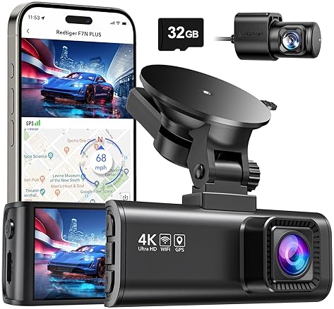 Automotive - REDTIGER 4K Dash Cam Front Rear, STARVIS 2 Sensor, Free Card Included, 5.8GHz WiFi-20MB/s Fast Download, Dash Camera for Cars with GPS, WDR Night Vision, 170°Wide Angle, 24H Parking Mode(F7NP)