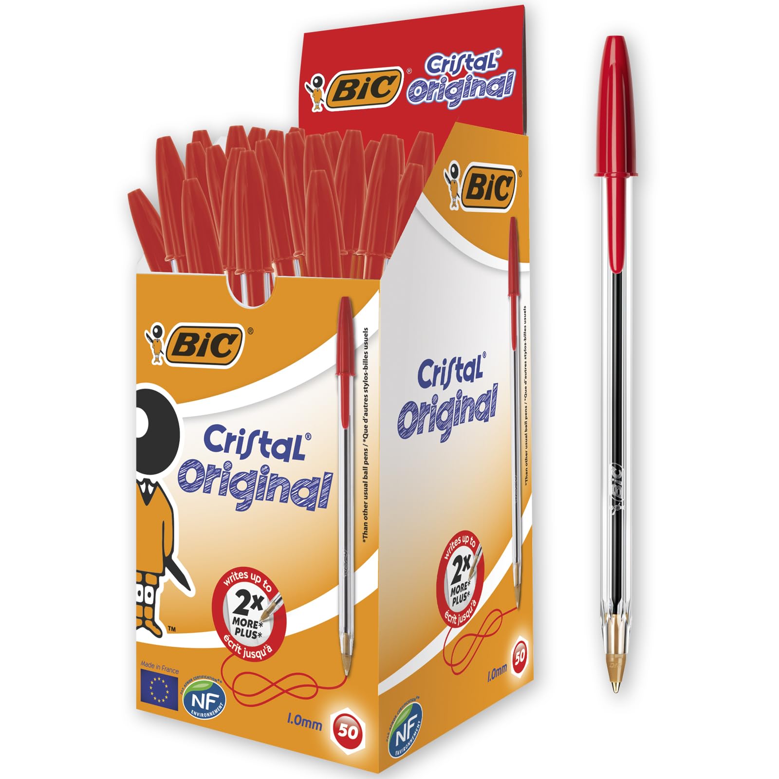 BIC Cristal Original Ballpoint Pens, Medium Point (1.0mm), Every-Day Writing Pens With Clear Barrel, Red, Box Of 50