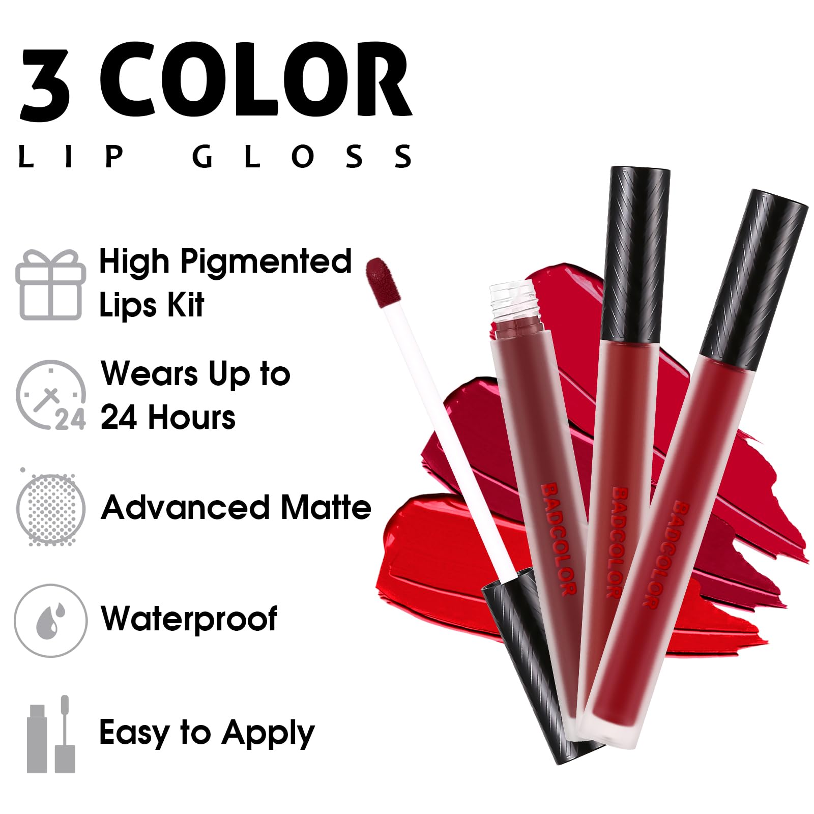 3 Colors Red Matte Liquid Lipstick Set, Burgundy Ruby Red Lip Gloss for Women, Vampy Halloween Makeup, High Impact Long Lasting Lip Stain, Nonstick Cup Smudge Proof & Waterproof Velvet Lip Tint