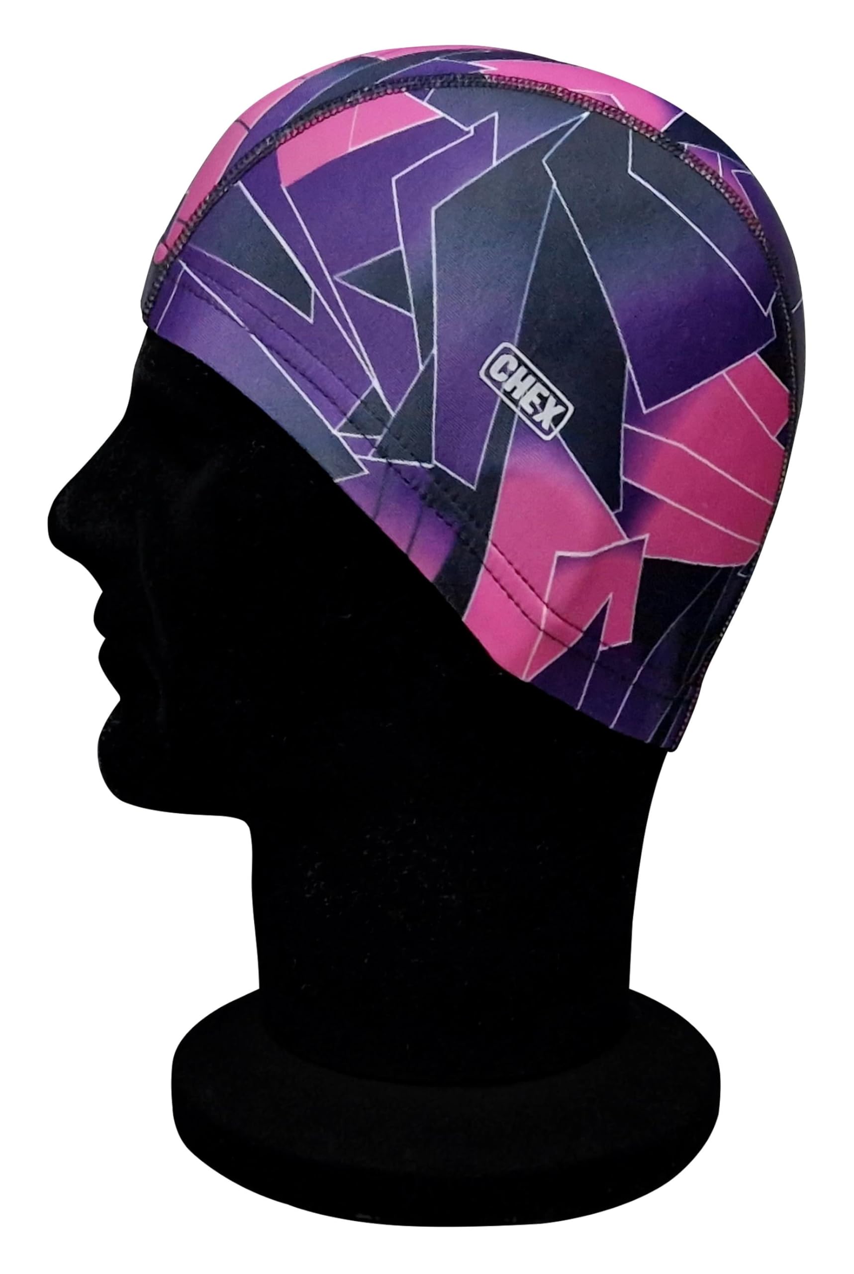 CHEX Elasticated Nylon Lycra Stretchy Anti Tear Easy Fit Abstract St Tropez Print Lightweight Pull On Swimming Hat Swim Cap One Size Suitable For Ages 3+ Years (Purple)