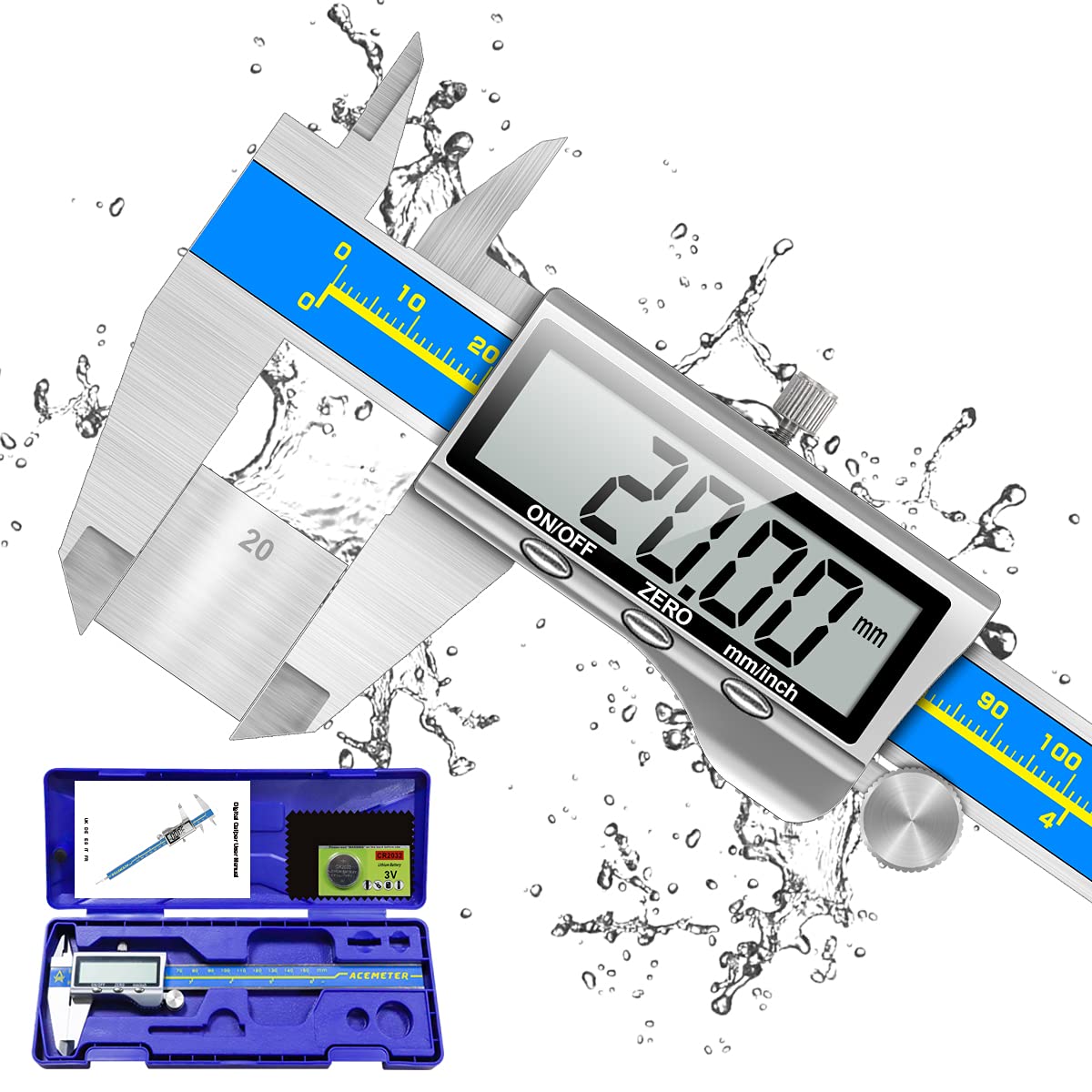 Orthland Vernier Caliper Industrial Quality Digital Measuring Gauge with High Measuring Accuracy & Large LCD, Depth Gauge Stainless Steel Analogue IP54 Waterproof for Indoor Outdoor & Step Measurement