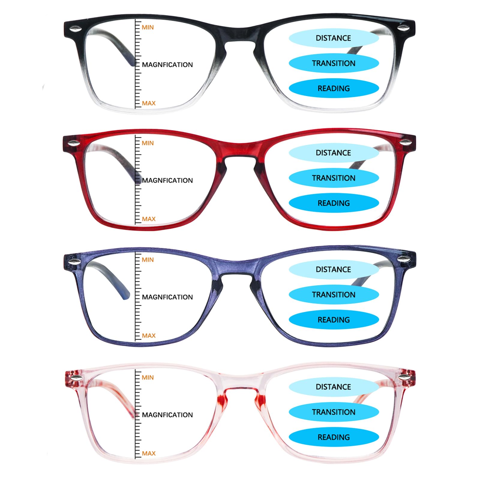 ZONLON 4 Pack Progressive Multifocal Reading Glasses Women Men, Blue Light Blocking Computer Readers with Spring Hinges (4 multicolor, 2.75, x)