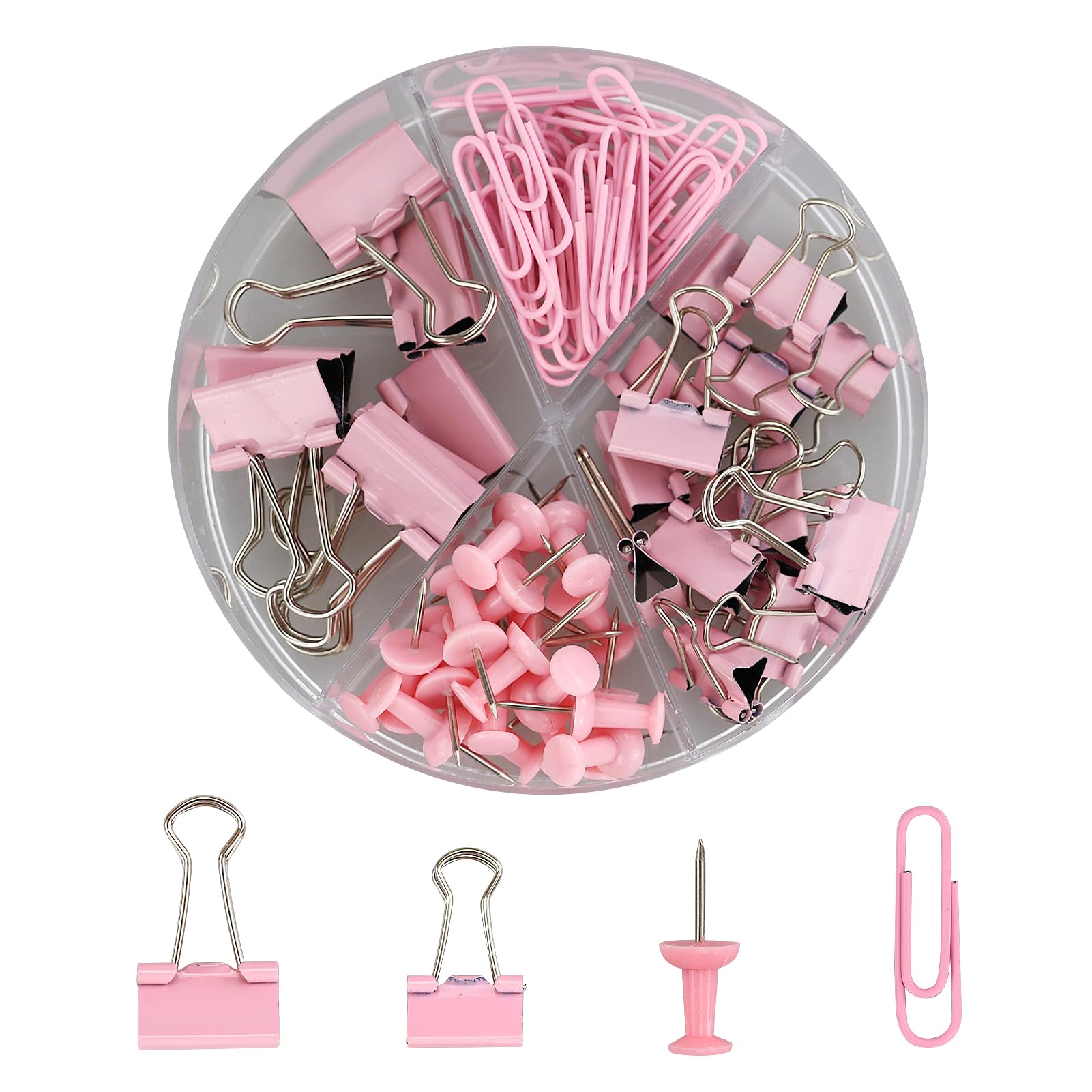 72Pcs Binder Clips Push Pins Set, Pink 4 in 1 Round Box Clip Stationery Set Including 20 Push Pins, 30 Paper Clips, 15 Small Blinder Clips, 7 Large Blinder Clips, Office Supplies Set Paper Clips