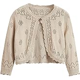 OYOANGLE Girl's Long Sleeve Hollow Out Cardigans Crew Neck Scallop Trim Shrug Sweater