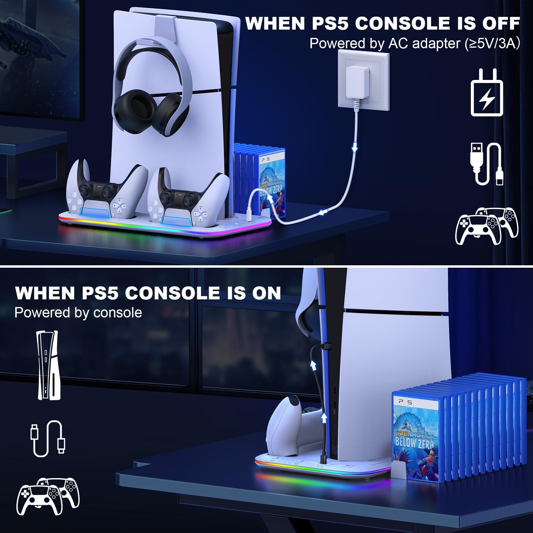 DINOSTRIKE PS5 Slim Stand and Cooling Station for Playstation 5 Slim Disc Digital Consoles,RGB PS5 Controller Charger with Cooling Fan, PS5 Cooling Base PS5 Stand Vertical Headset Holder 15 Game Slots