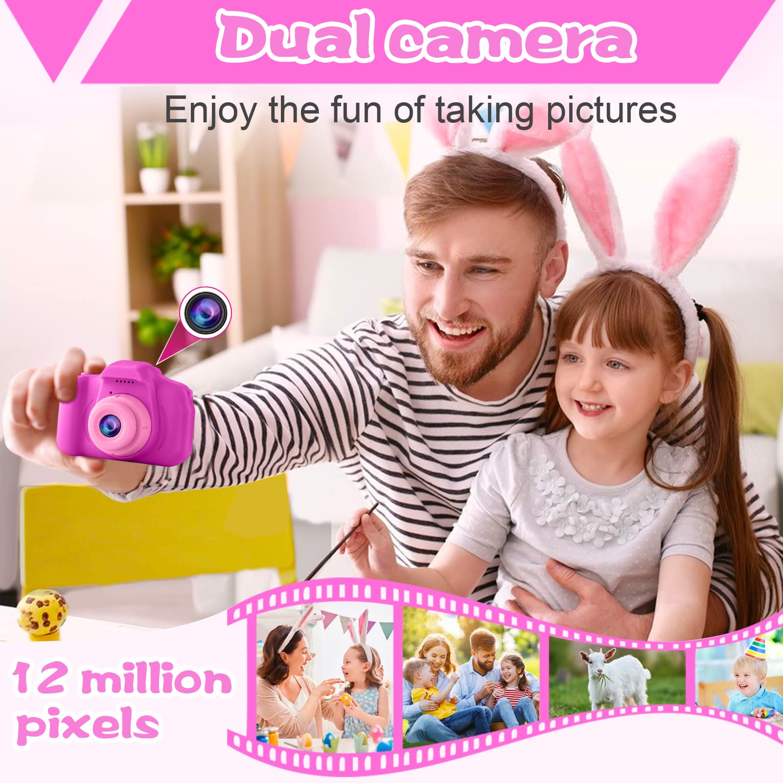PROGRACE Kids Camera Girls Gift - Dual Selfie Kids Digital Camera Age 3 4 5 6 7 8 9 Year Old Children Camera Toys Christmas Birthday Gift Age 3-12 Toddler Camera Kids Video Camcorder Recorder,Rose Red